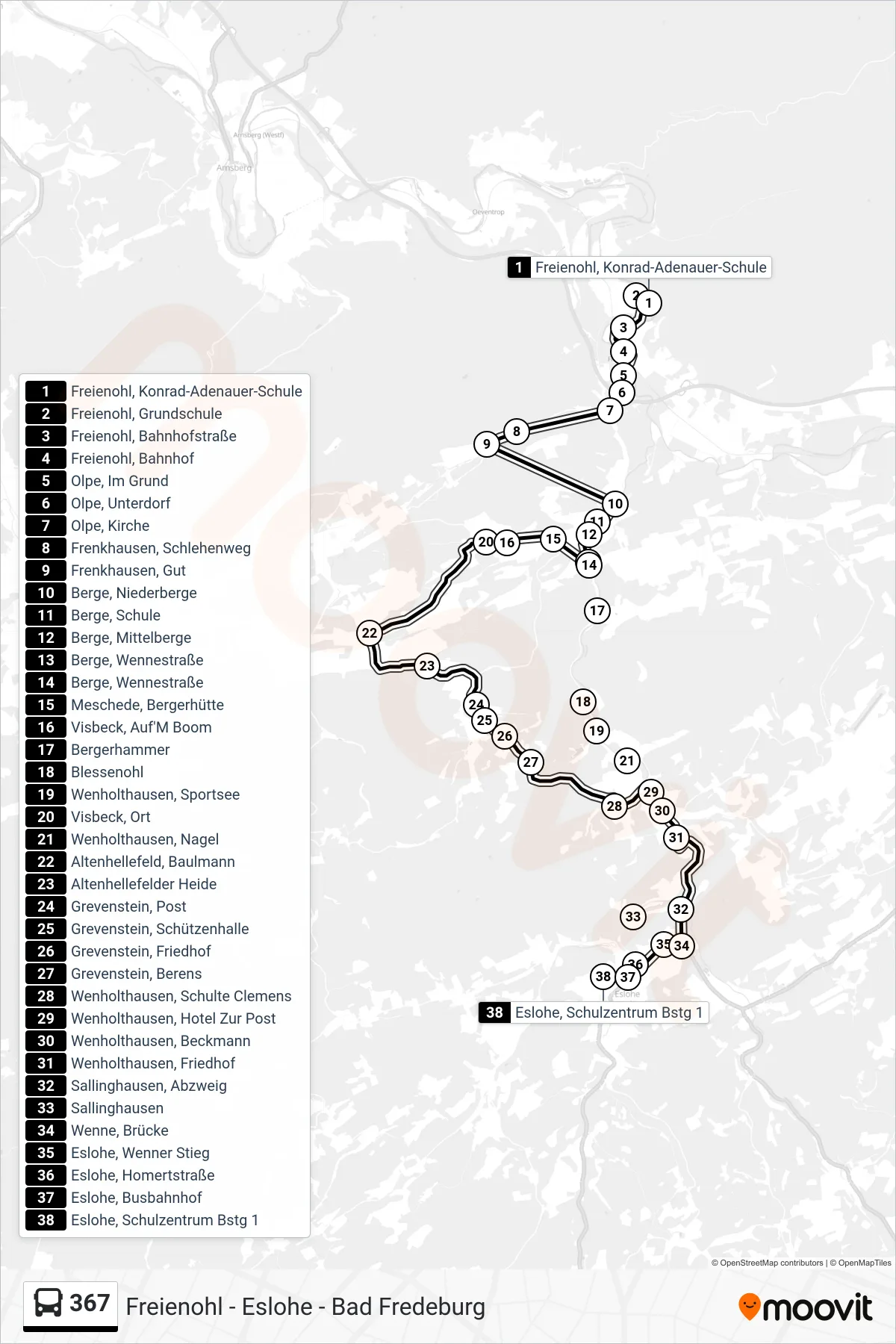Linie 367 (Bus) Richtung Eslohe: Route und Haltestellen auf der Karte