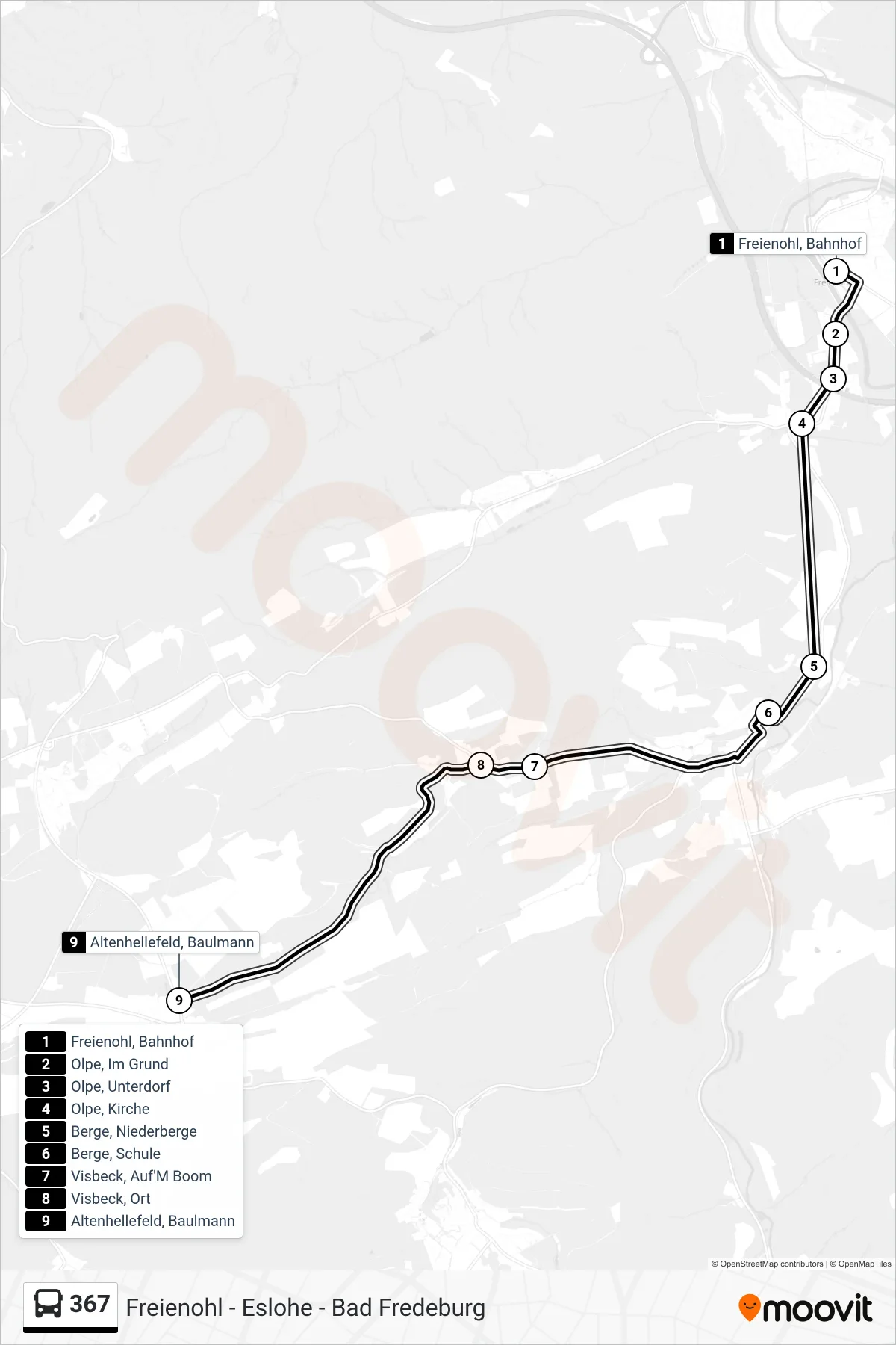 367 bus Line (Altenhellefeld) route and stops on a map