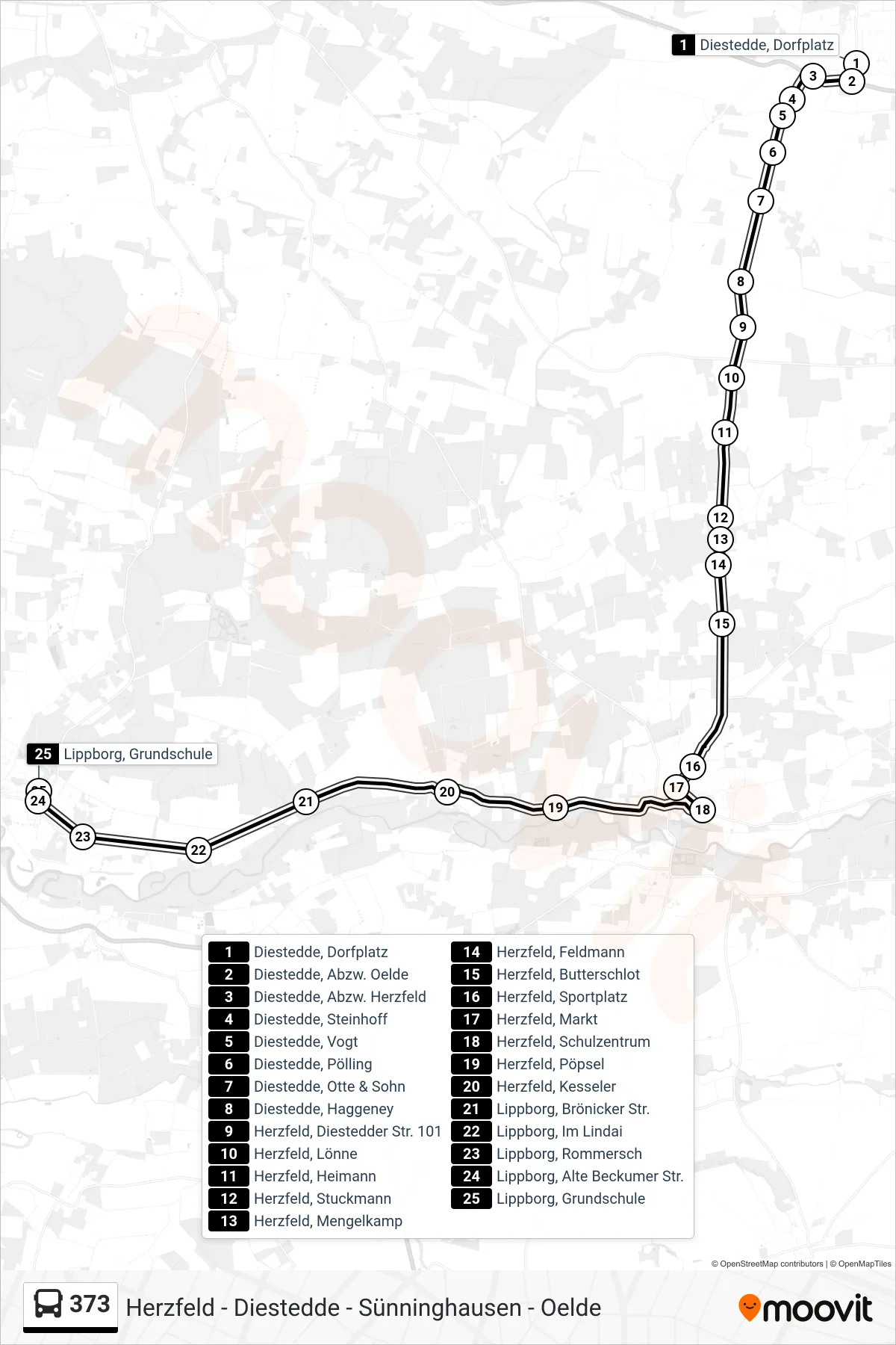 373 bus Line (Lippborg, Grundschule) route and stops on a map