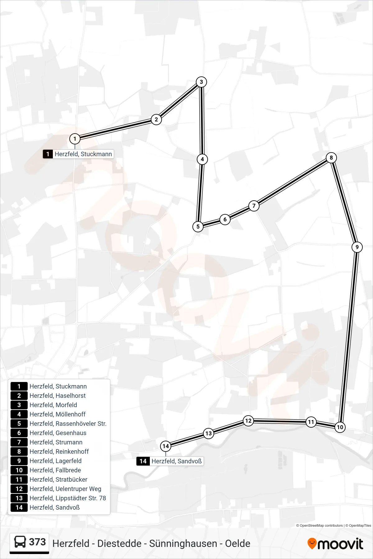 Linie 373 (Bus) Richtung Herzfeld, Sandvoß: Route und Haltestellen auf der Karte