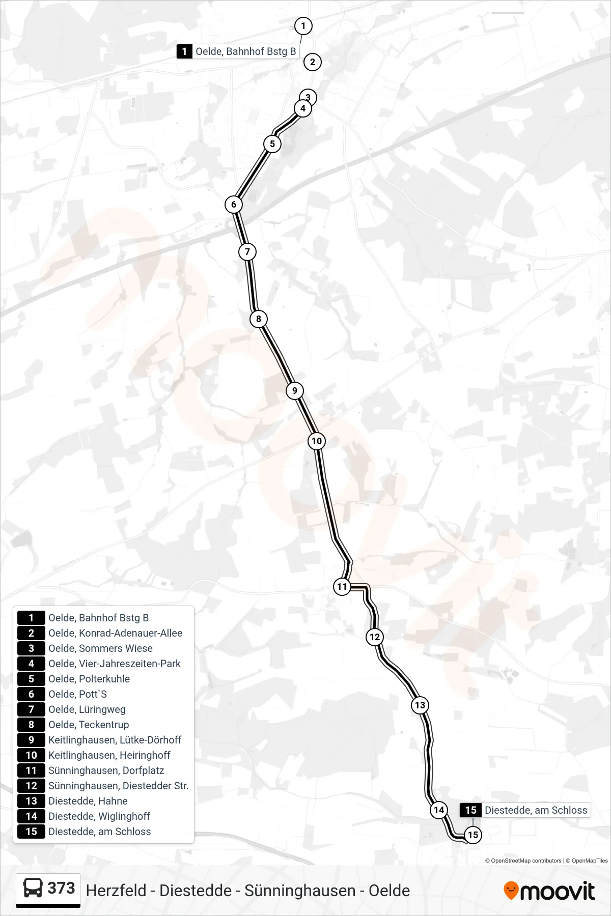 373 bus Line (Diestedde, am Schloss) route and stops on a map