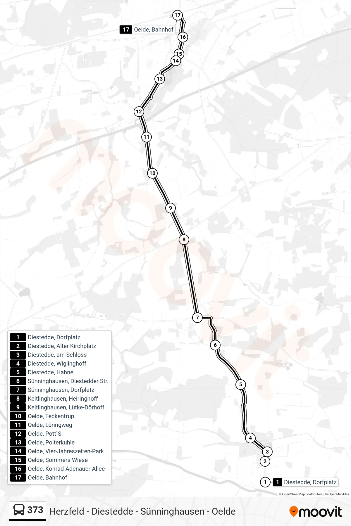 Linie 373 (Bus) Richtung Oelde, Bahnhof: Route und Haltestellen auf der Karte
