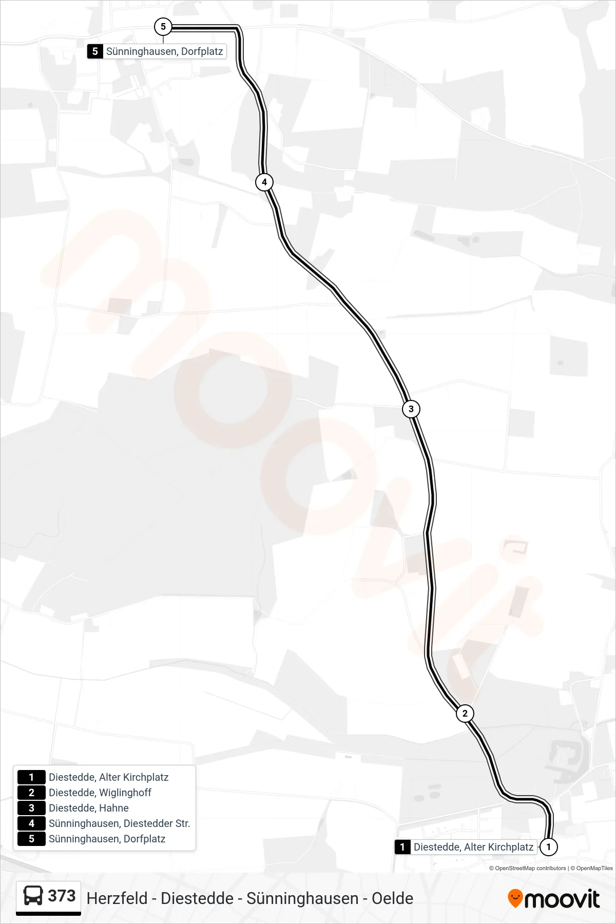 373 bus Line (Sünninghausen, Dorfplatz) route and stops on a map