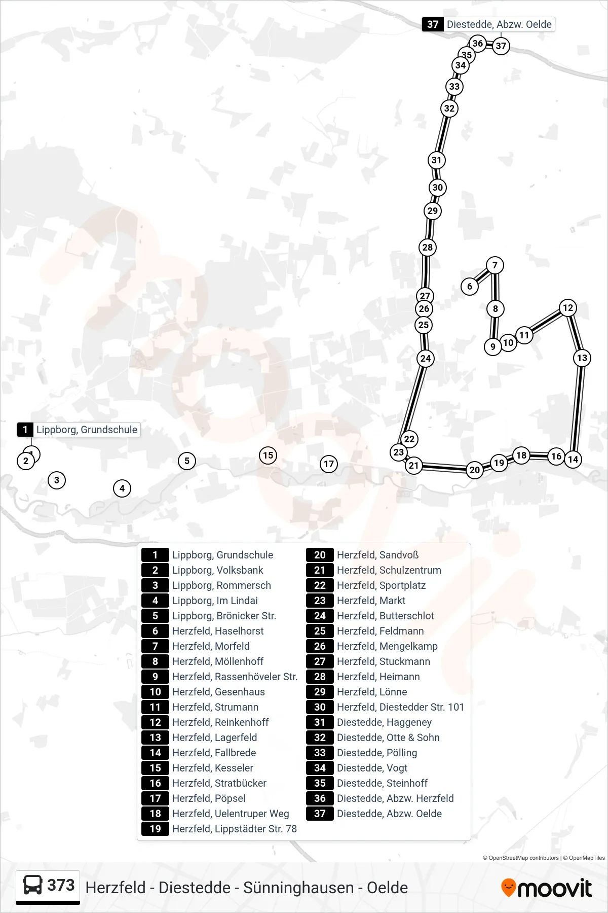 373 bus Line (Diestedde, Abzw. Oelde) route and stops on a map