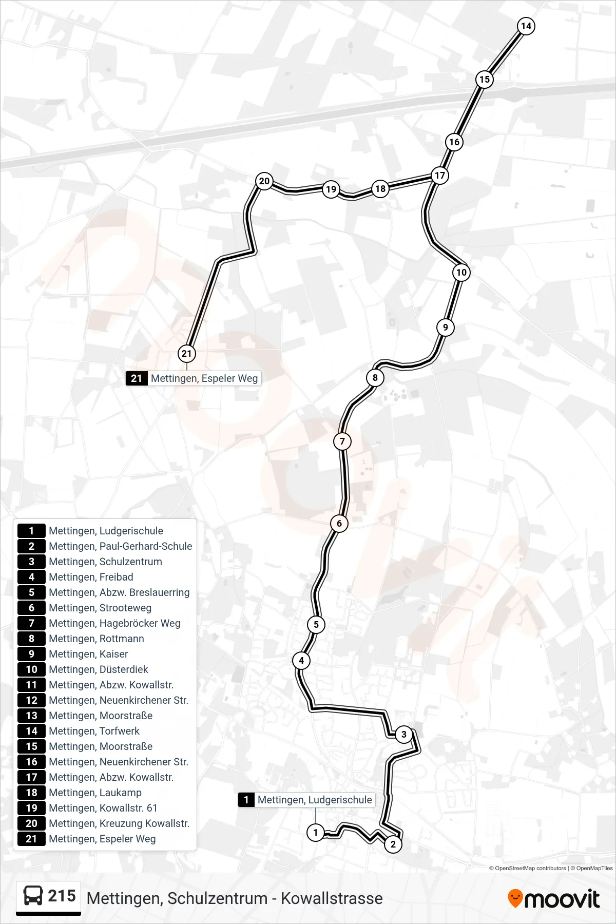 215 bus Line (Mettingen, Espeler Weg) route and stops on a map