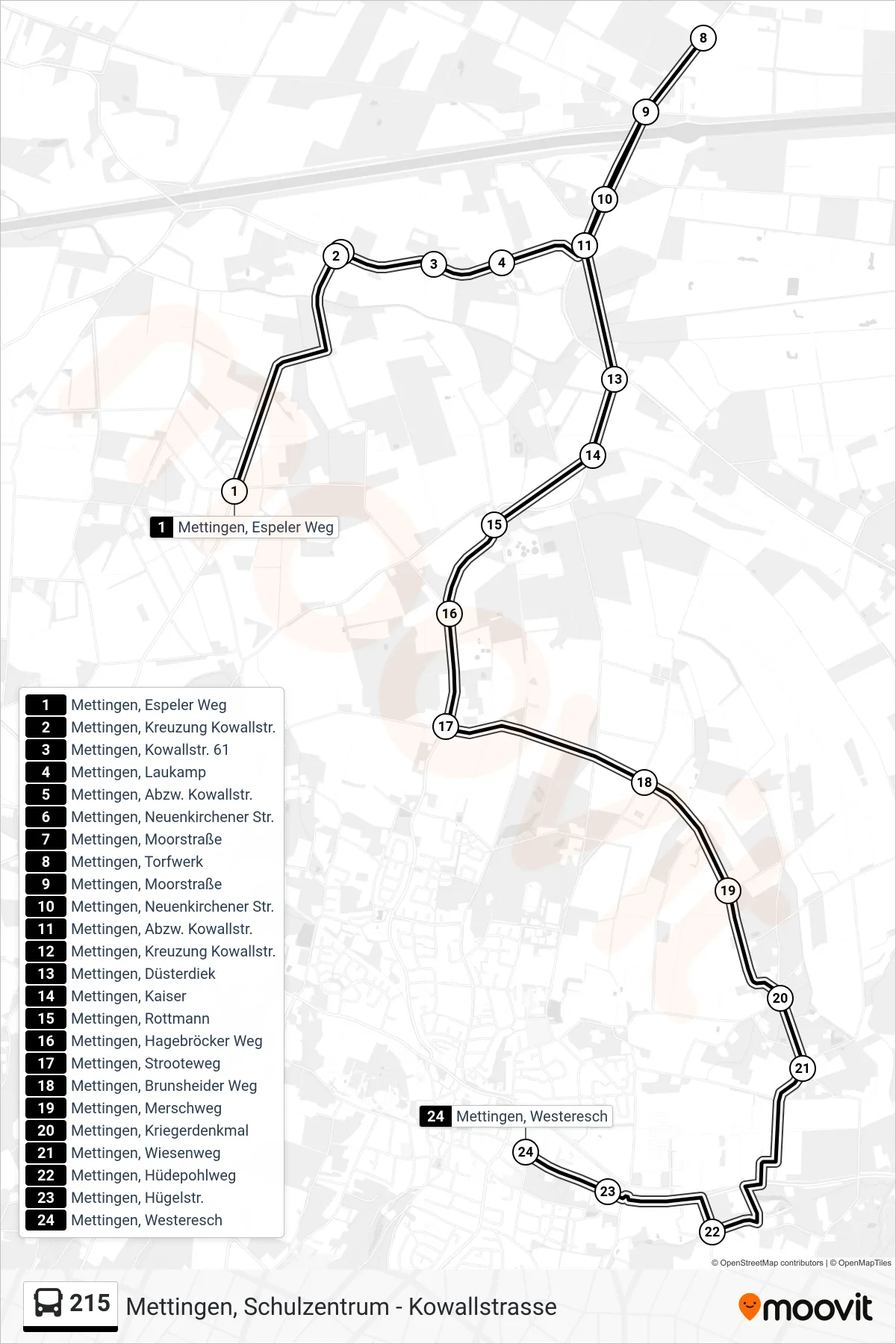 215 bus Line (Mettingen, Westeresch) route and stops on a map