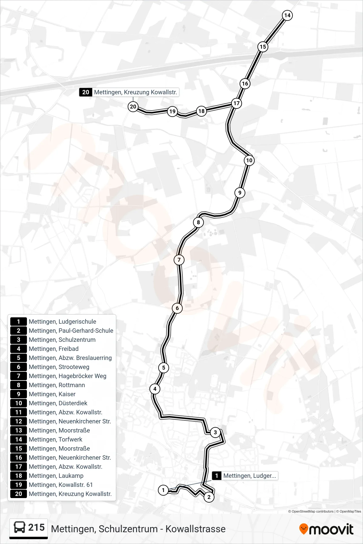 215 bus Line (Mettingen, Kreuzung Kowallstr.) route and stops on a map
