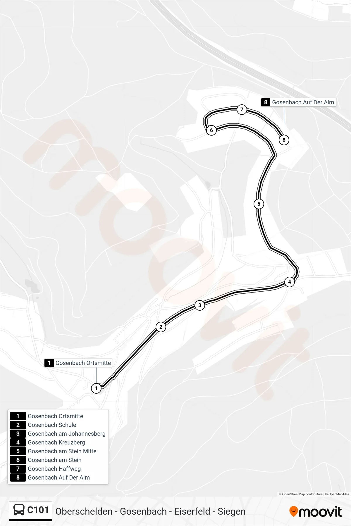 C101 bus Line (Gosenbach Auf Der Alm) route and stops on a map