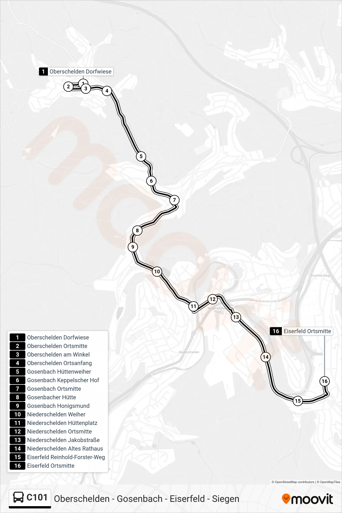 C101 bus Line (Eiserfeld Ortsmitte) route and stops on a map
