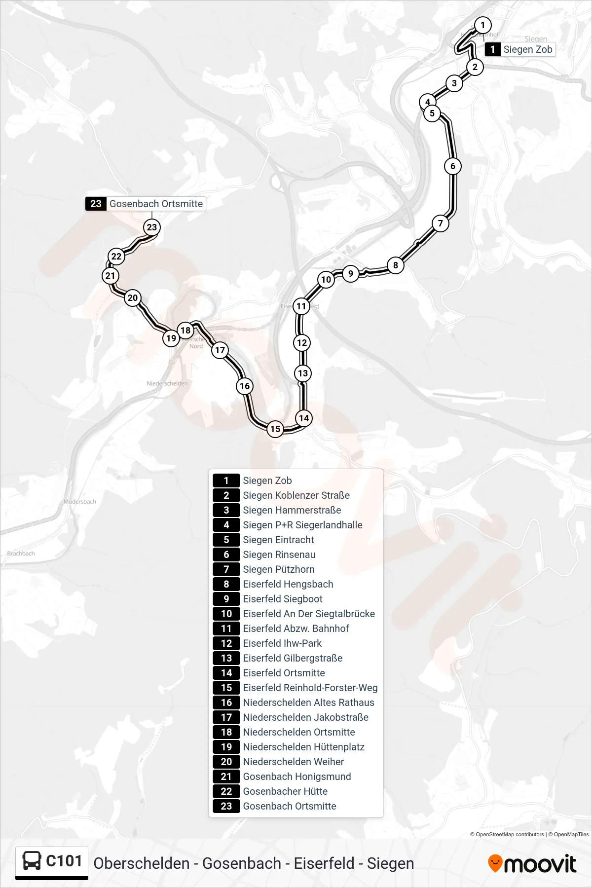 Linie C101 (Bus) Richtung Gosenbach Ortsmitte: Route und Haltestellen auf der Karte