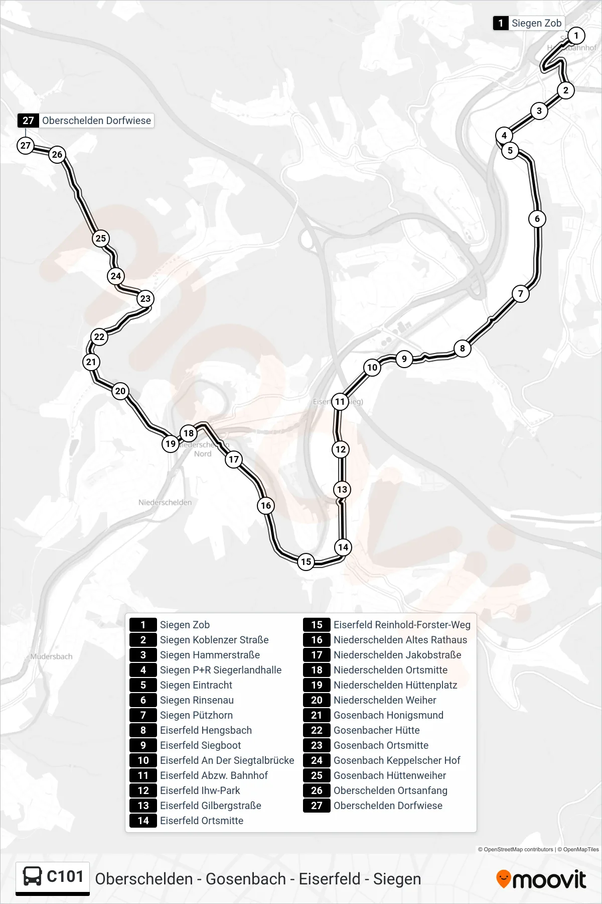 C101 bus Line (Oberschelden Dorfwiese) route and stops on a map