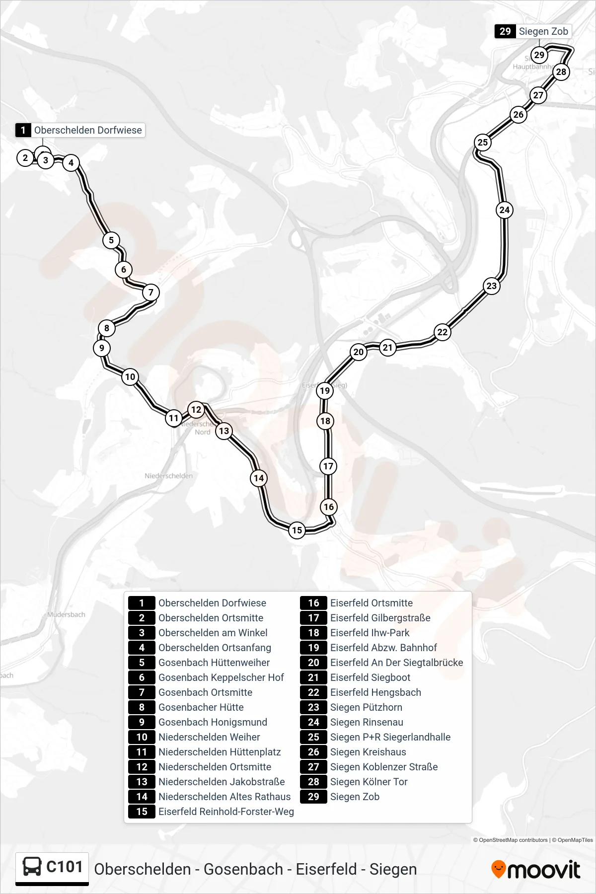 C101 bus Line (Siegen Zob Bstg A) route and stops on a map