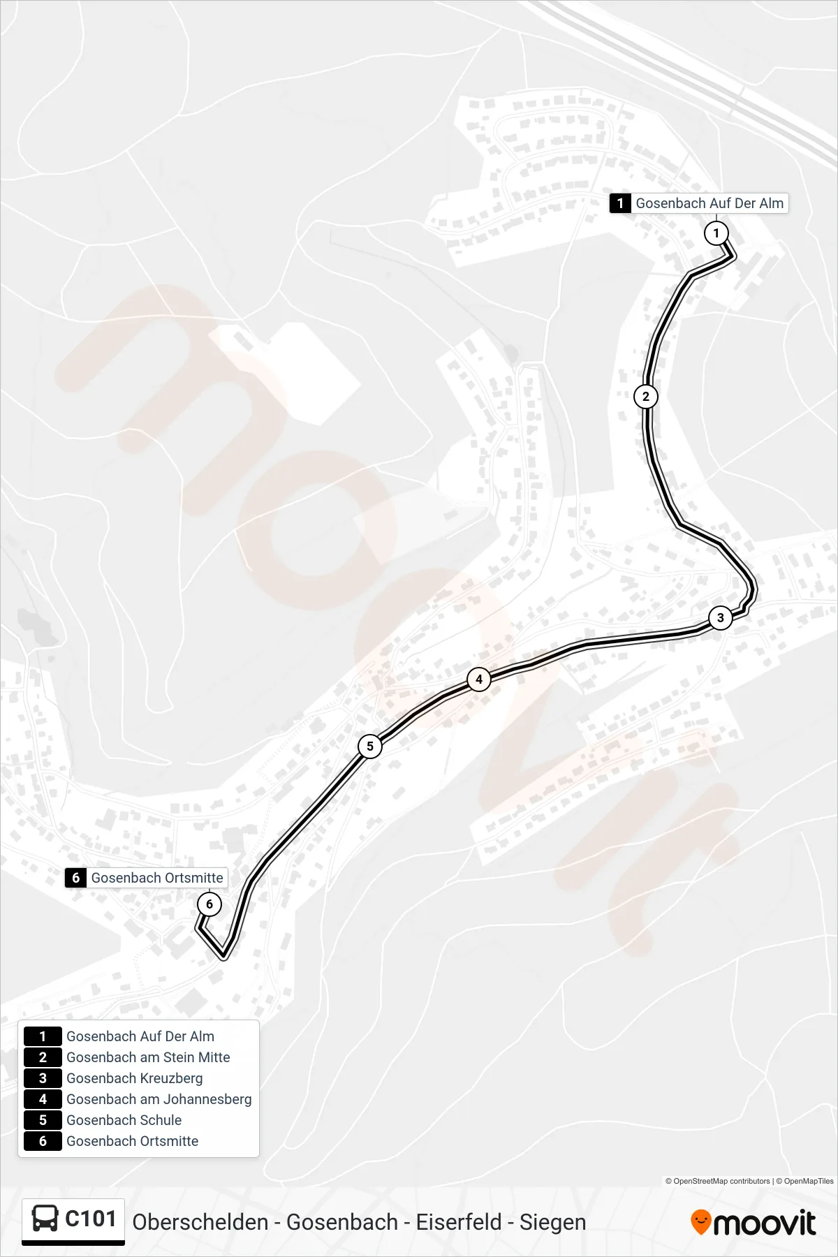 C101 bus Line (Gosenbach Ortsmitte) route and stops on a map
