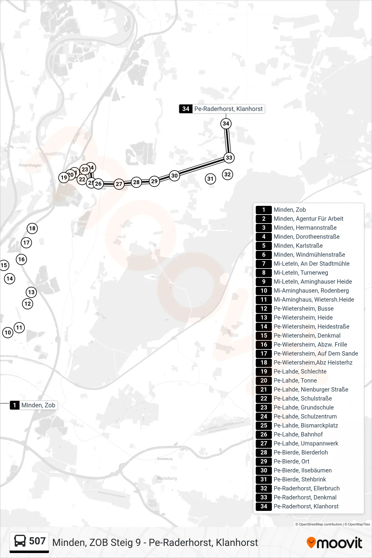 507 bus Line (Raderhorst Klanhorst) route and stops on a map