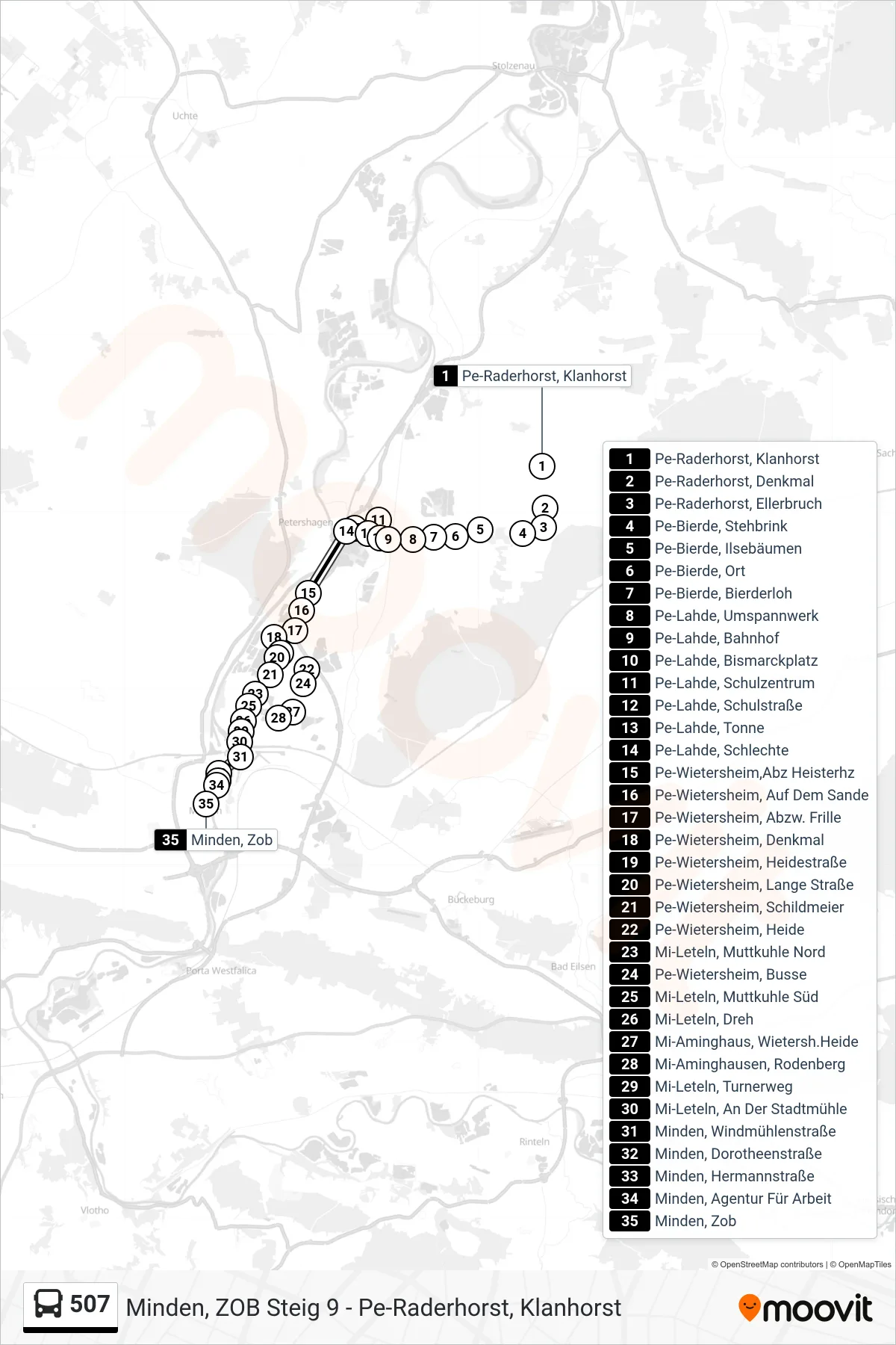 507 bus Line (Zob Minden) route and stops on a map