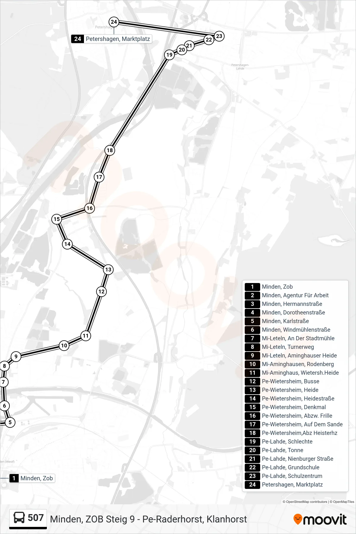 507 bus Line (Petershagen Marktplatz) route and stops on a map