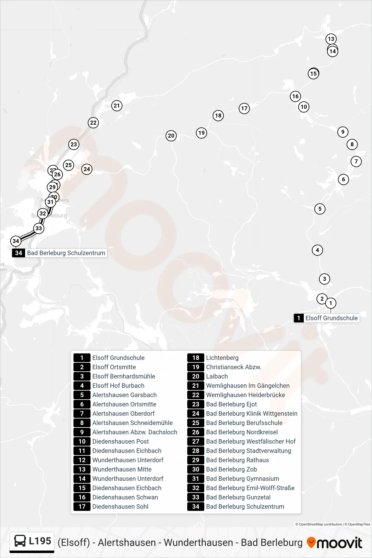L195 bus Line (Bad Berleburg Schulzentrum) route and stops on a map