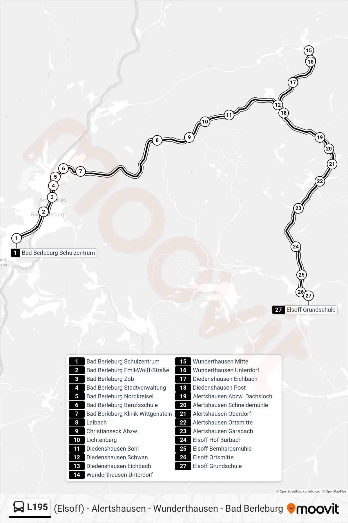 L195 bus Line (Elsoff Grundschule) route and stops on a map