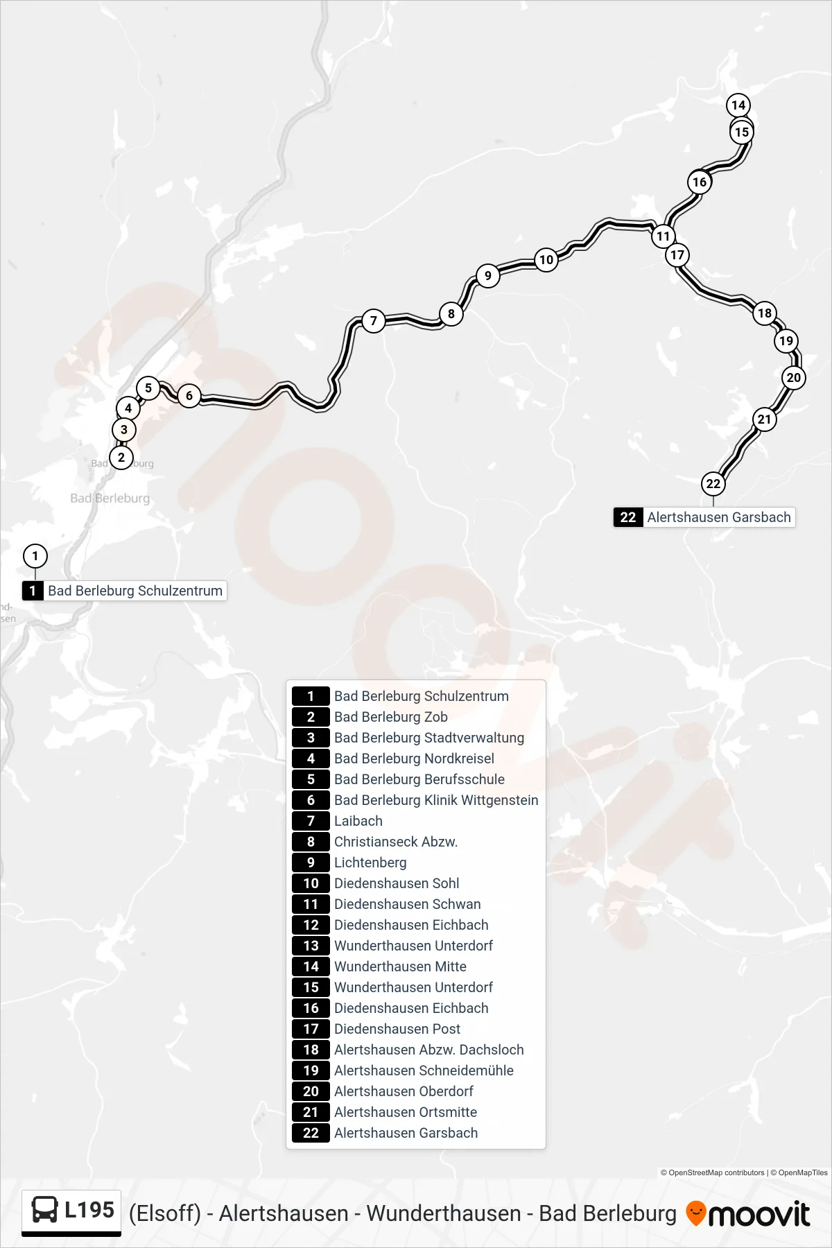 L195 bus Line (Alertshausen Garsbach) route and stops on a map