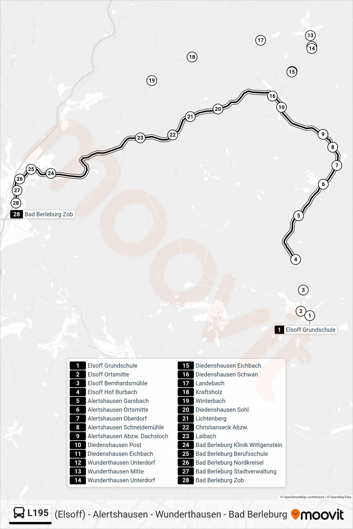L195 bus Line (Bad Berleburg Zob Bstg 1) route and stops on a map