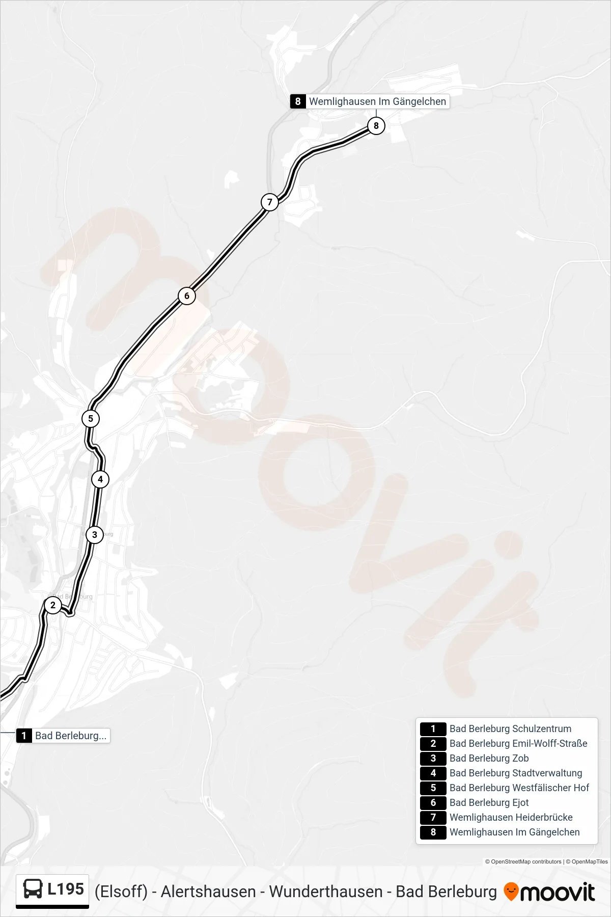 L195 bus Line (Wemlighausen Im Gängelchen) route and stops on a map