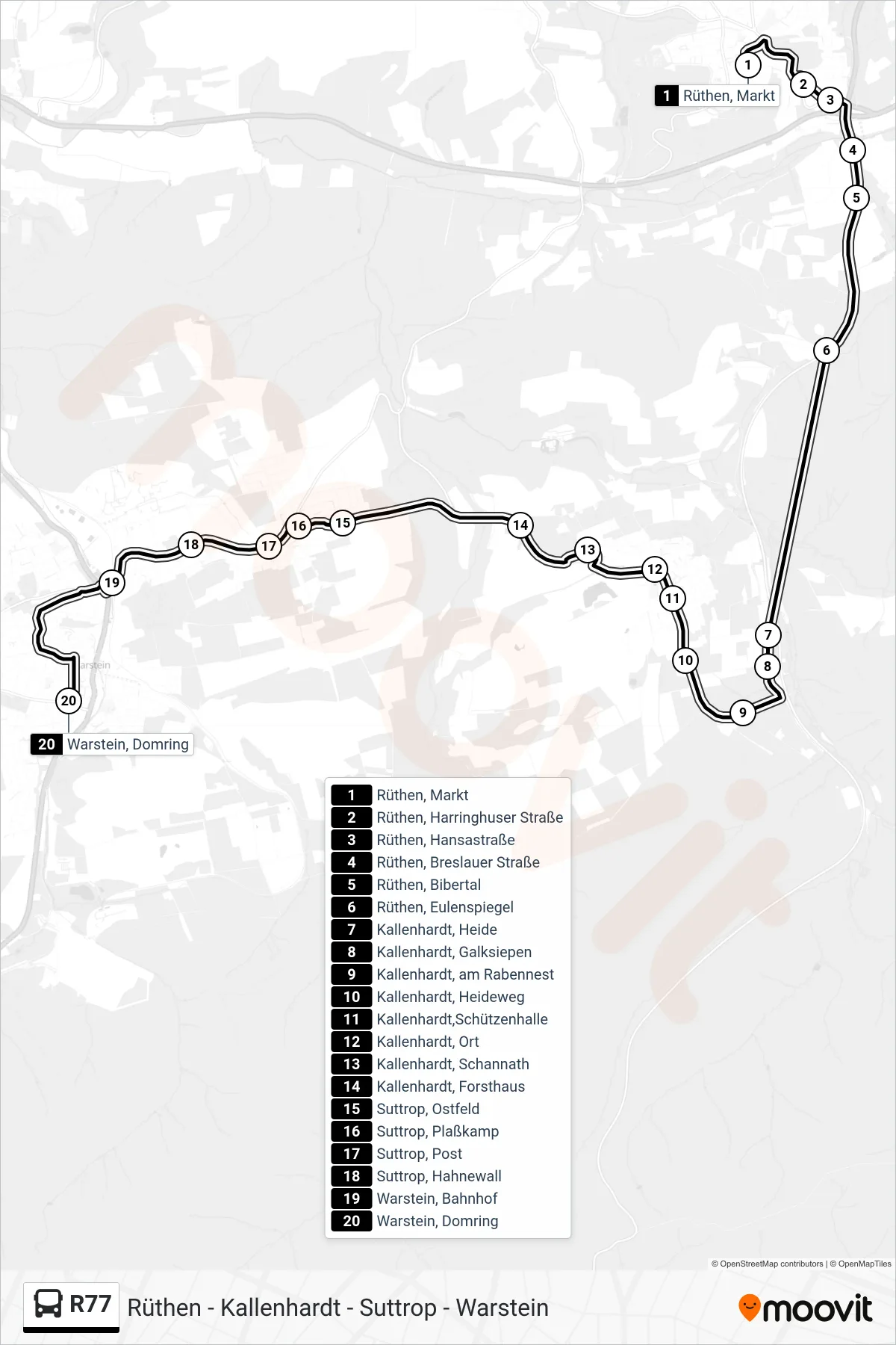 R77 bus Line (Warstein Domring) route and stops on a map