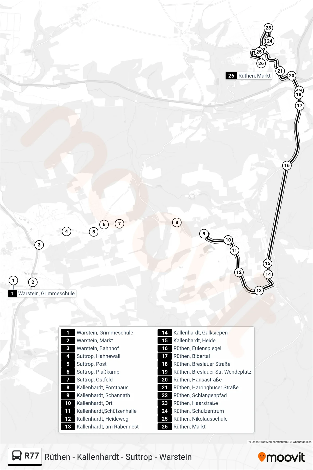 R77 bus Line (Rüthen Markt) route and stops on a map