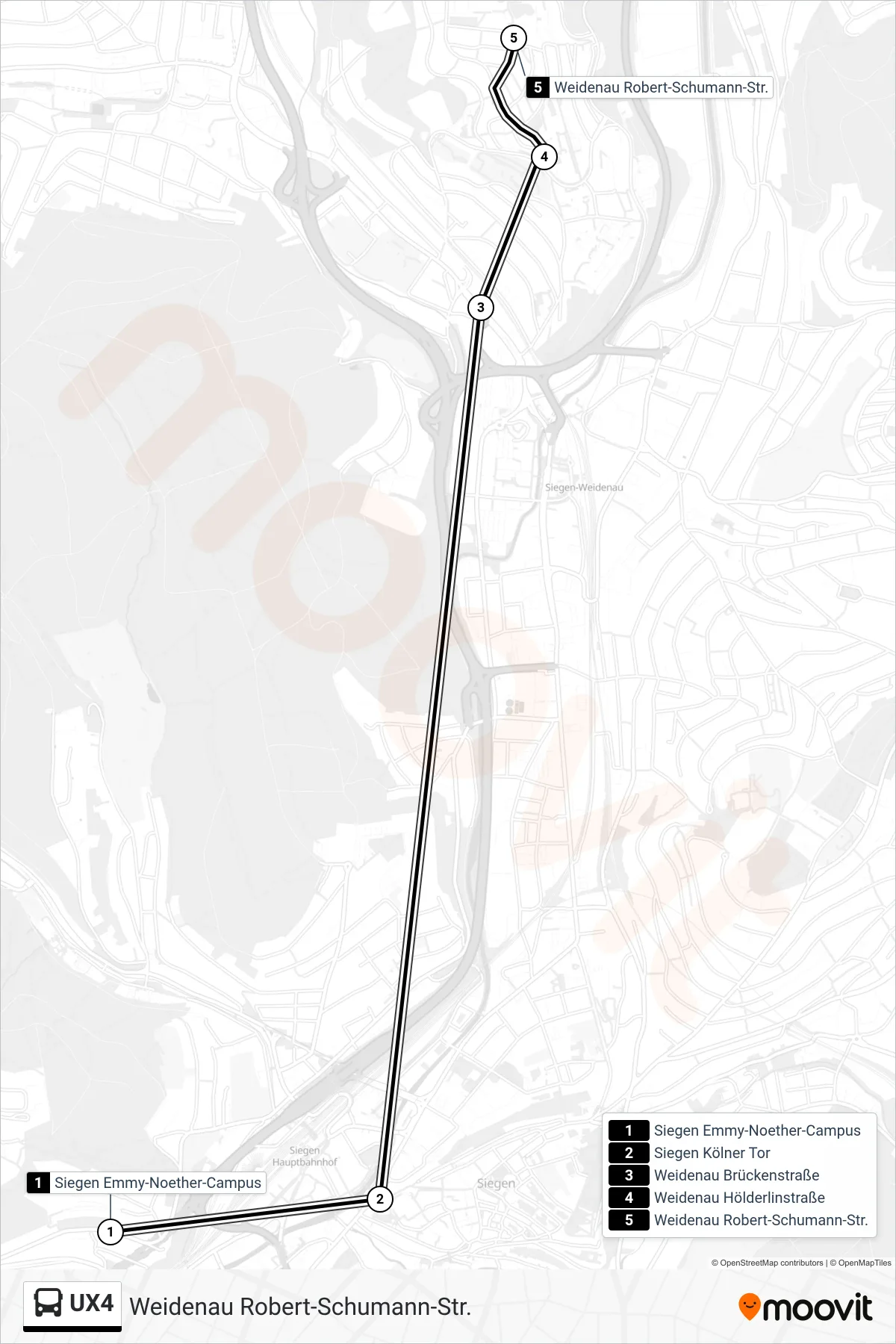Linie UX4 (Bus) Richtung Weidenau Robert-Schumann-Str.: Route und Haltestellen auf der Karte
