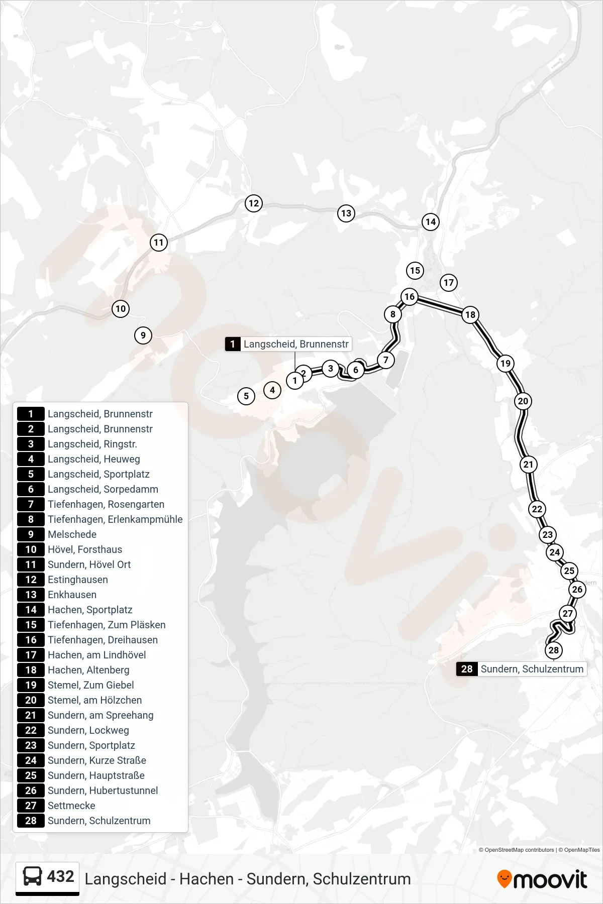 432 bus Line (Sundern, Schulzentrum) route and stops on a map