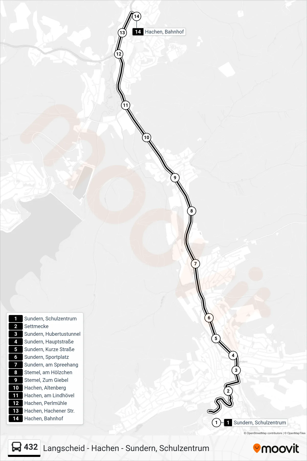 432 bus Line (Hachen, Bahnhof) route and stops on a map