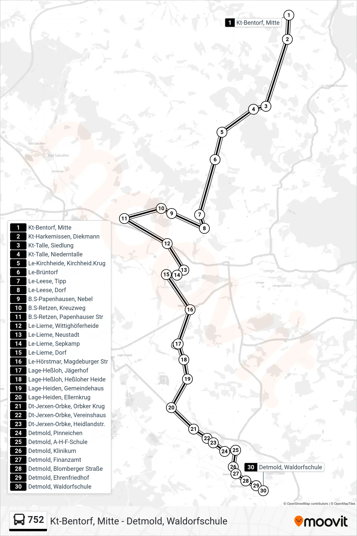 Linie 752 (Bus) Richtung Detmold, Waldorfschule: Route und Haltestellen auf der Karte