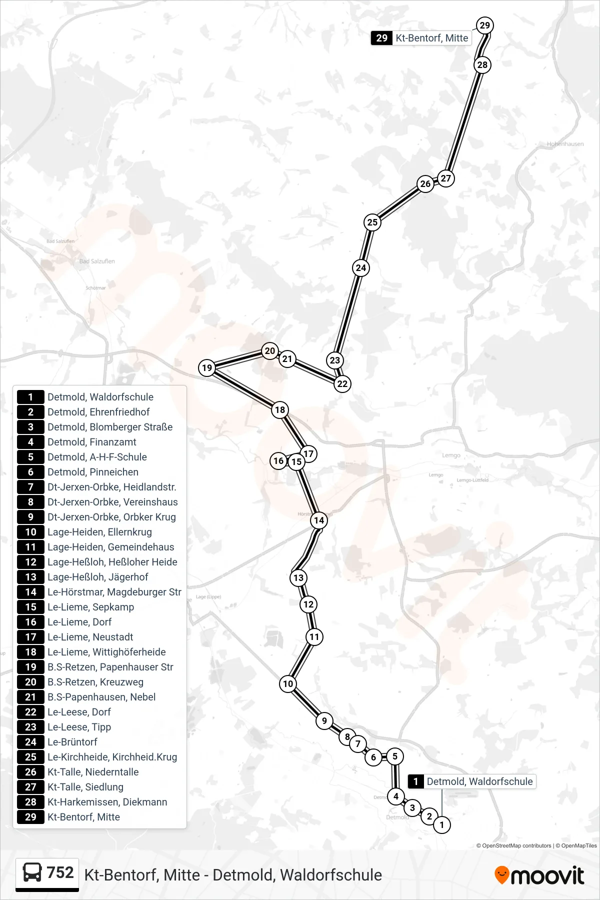 752 bus Line (Kt-Bentorf, Mitte) route and stops on a map