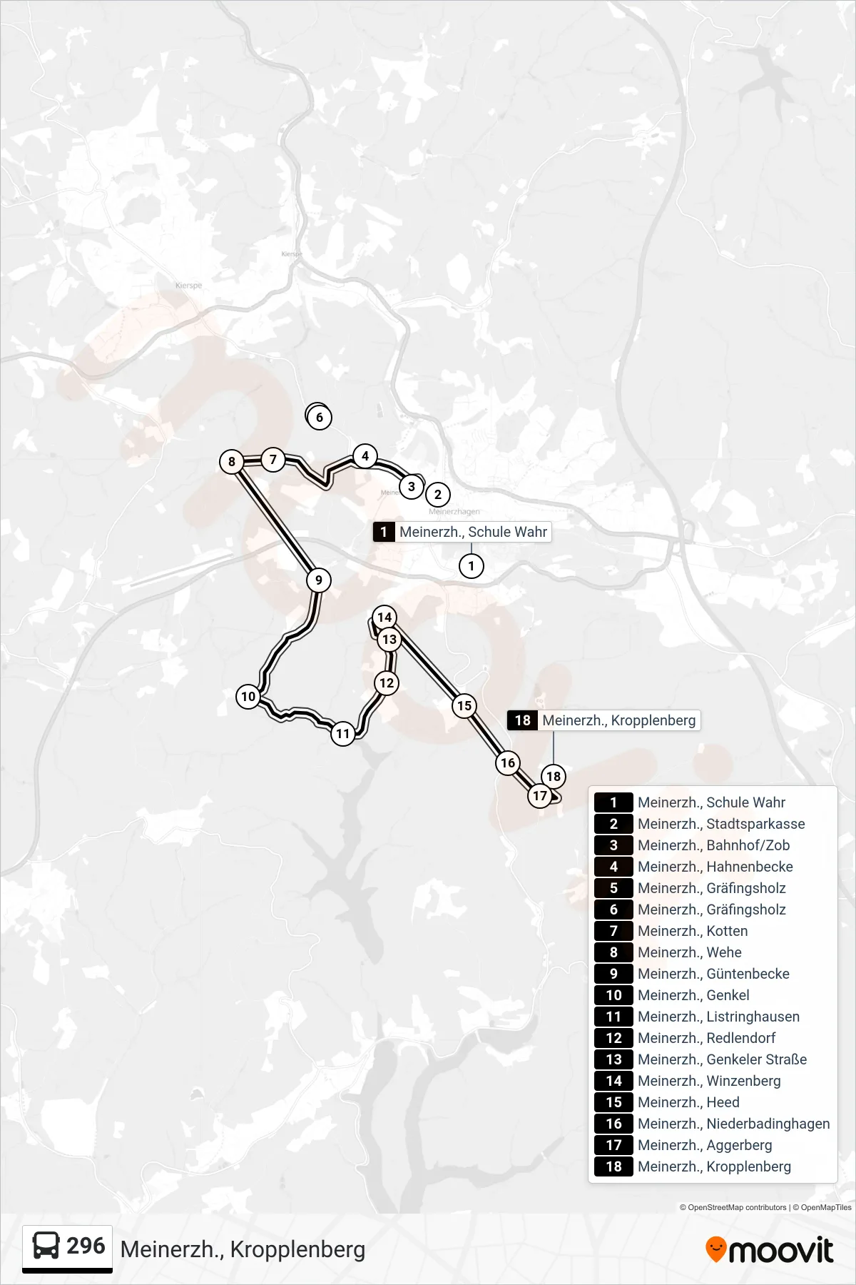 Linie 296 (Bus) Richtung Meinerzh., Kropplenberg: Route und Haltestellen auf der Karte