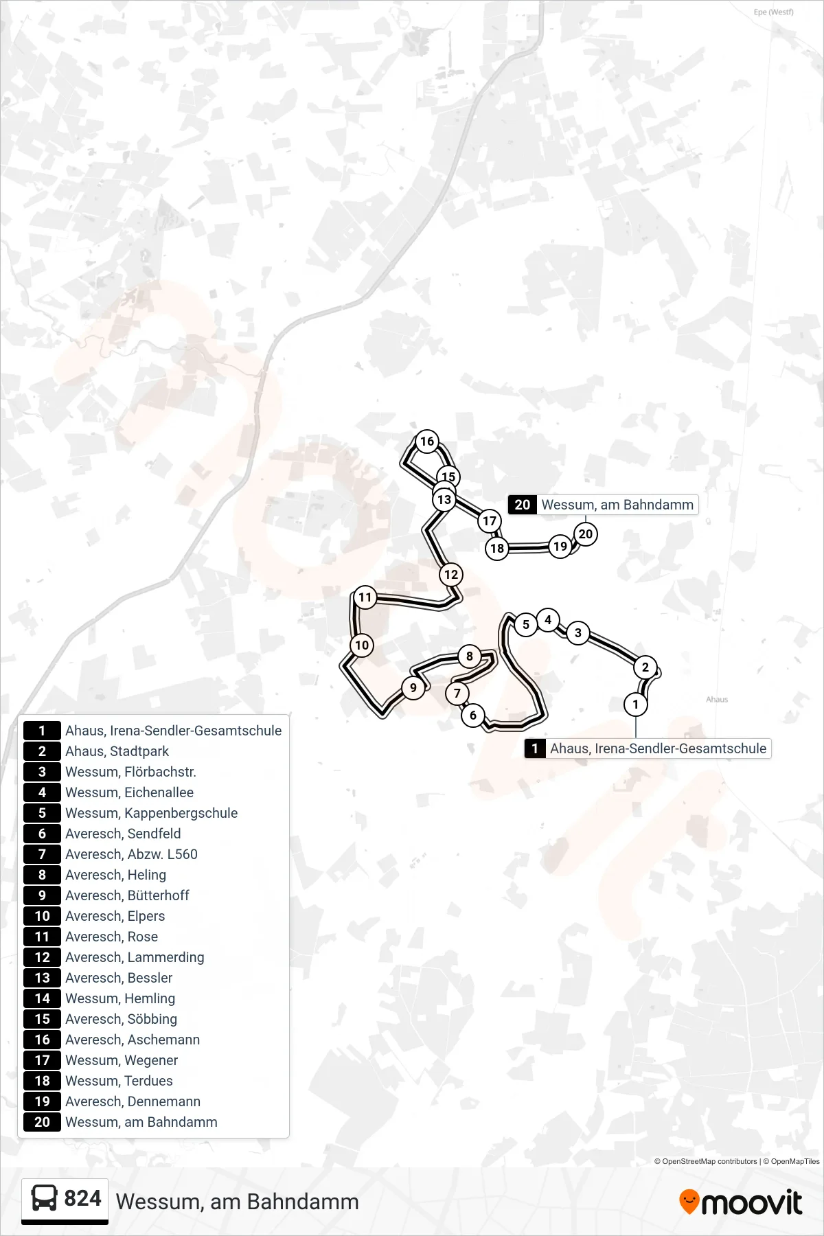 824 bus Line (Wessum, am Bahndamm) route and stops on a map