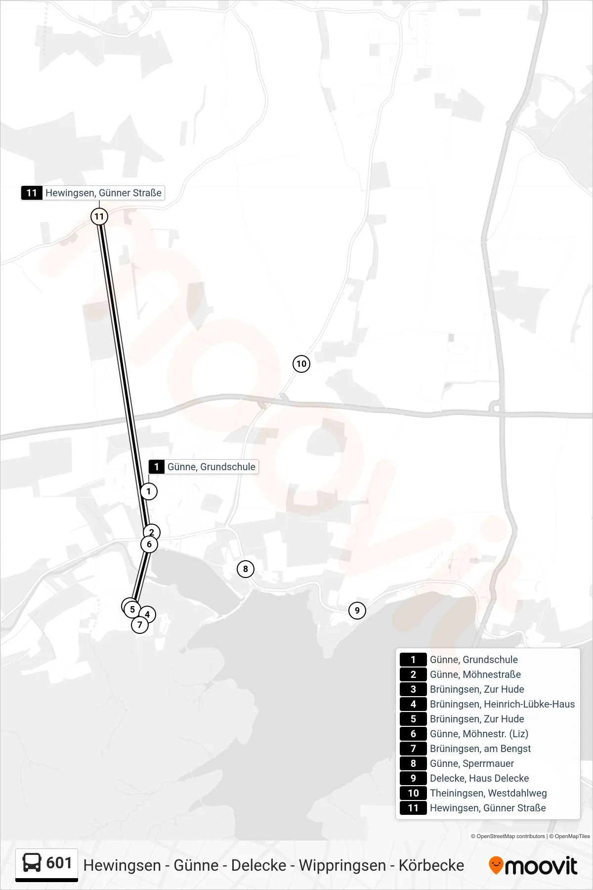 Linie 601 (Bus) Richtung Hewingsen, Günner Straße: Route und Haltestellen auf der Karte