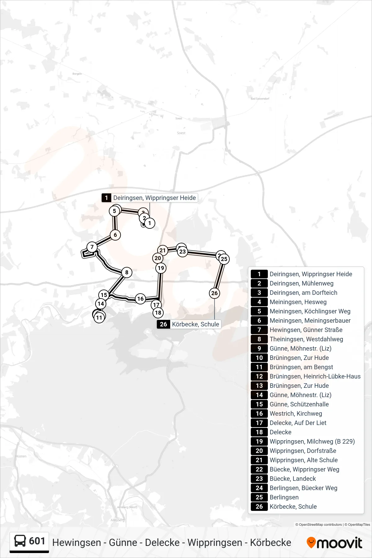 601 bus Line (Körbecke, Schule) route and stops on a map