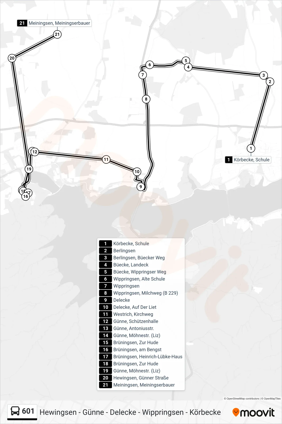 601 bus Line (Meiningsen, Meiningserbauer) route and stops on a map