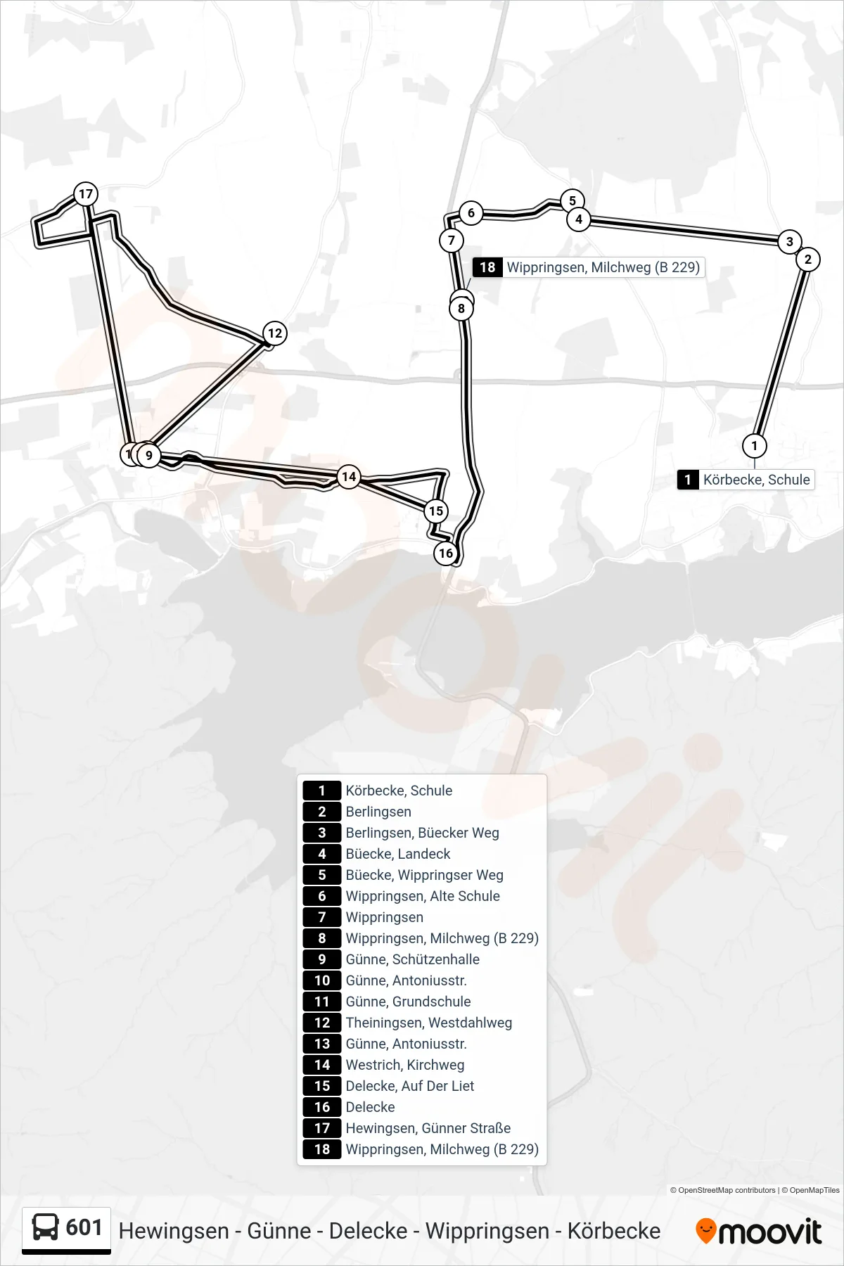 601 bus Line (Wippringsen, Milchweg (B 229)) route and stops on a map