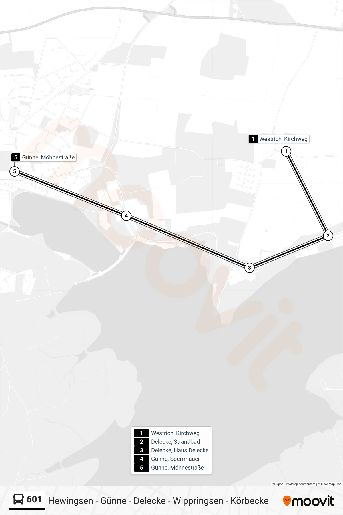 601 bus Line (Günne, Möhnestraße) route and stops on a map