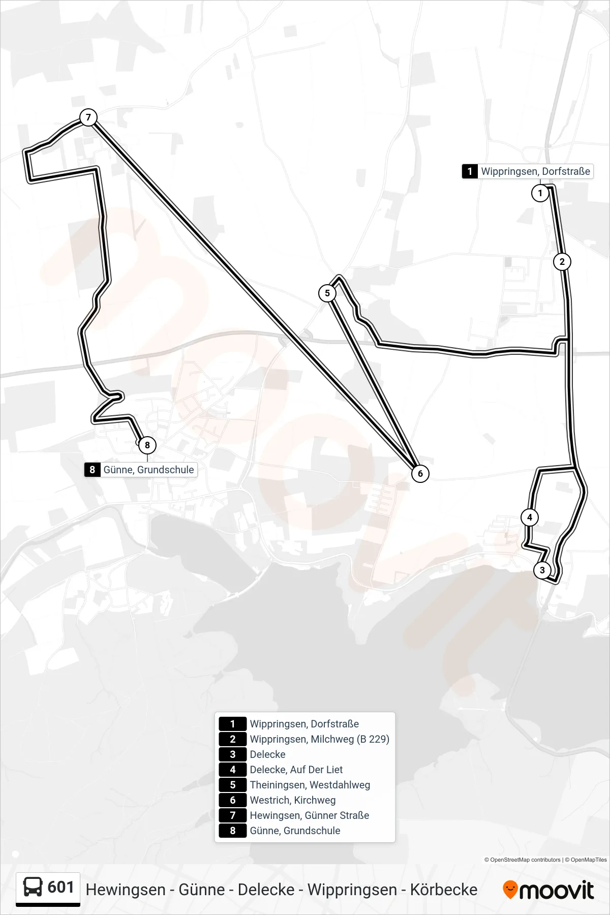 601 bus Line (Günne, Grundschule) route and stops on a map