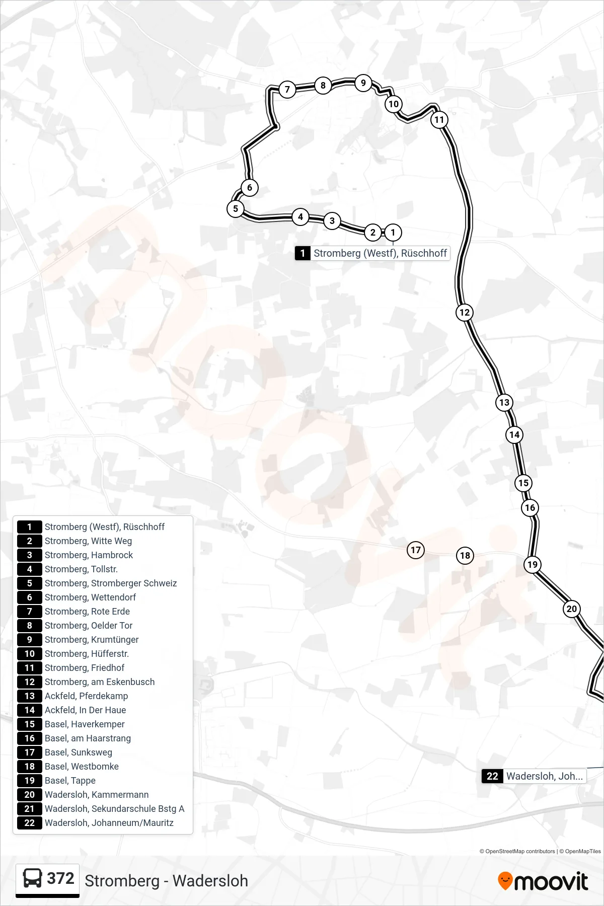 Linie 372 (Bus) Richtung Wadersloh, Johanneum/Mauritz: Route und Haltestellen auf der Karte