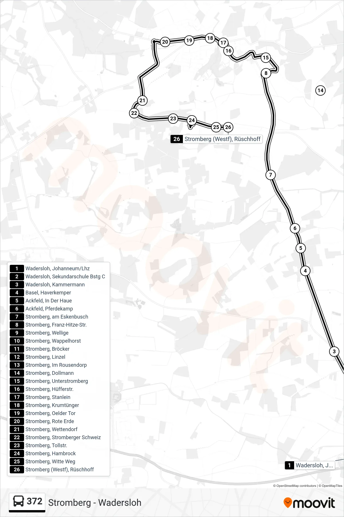 372 bus Line (Stromberg (Westf), Rüschhoff) route and stops on a map