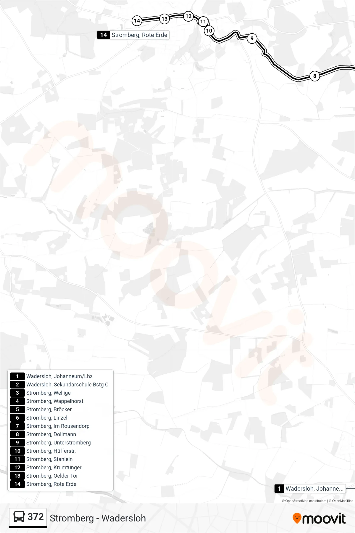 372 bus Line (Stromberg, Rote Erde) route and stops on a map
