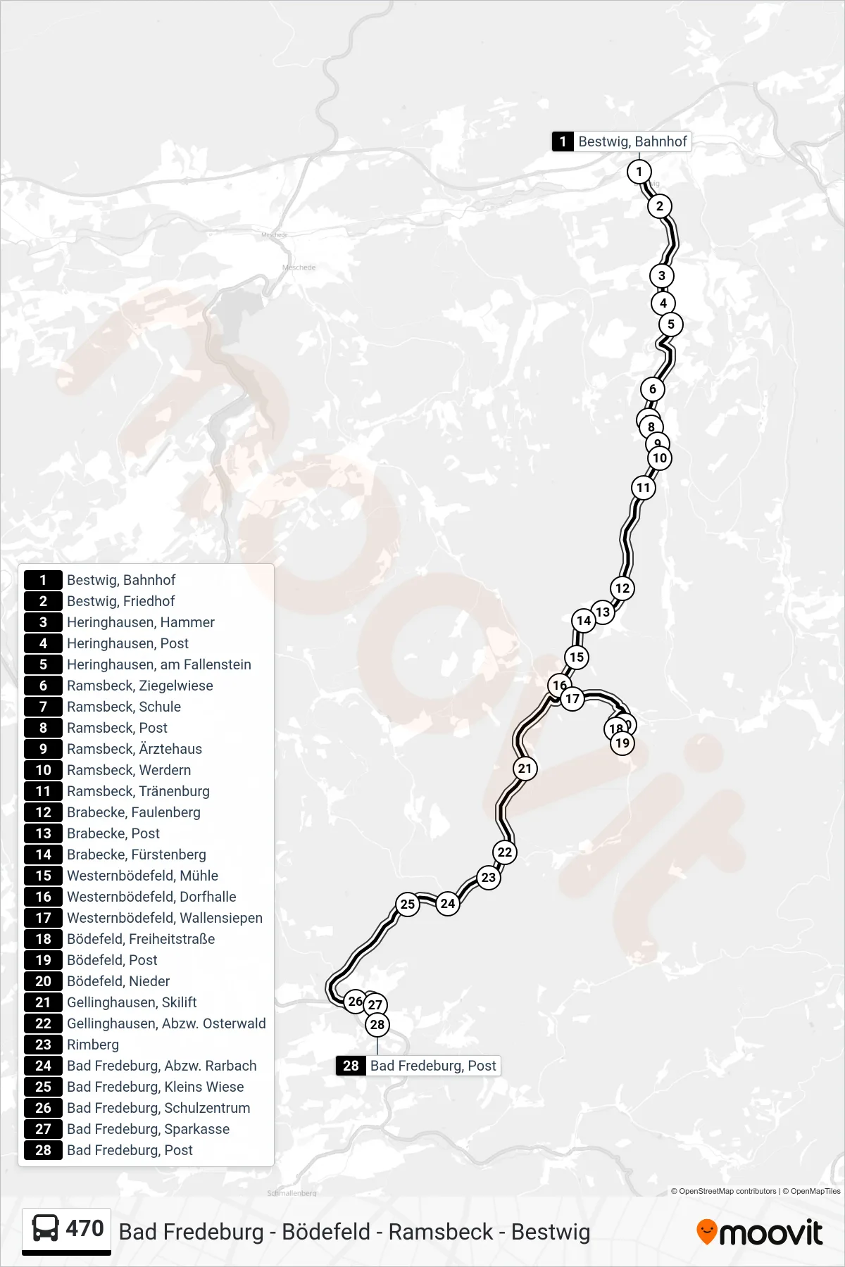 470 bus Line (Bad Fredeburg) route and stops on a map