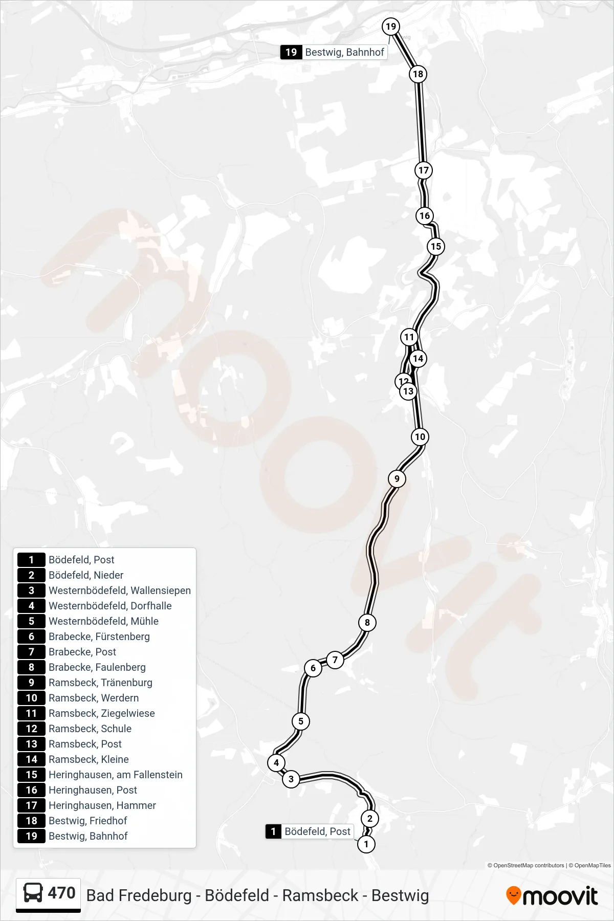 470 bus Line (Bestwig) route and stops on a map