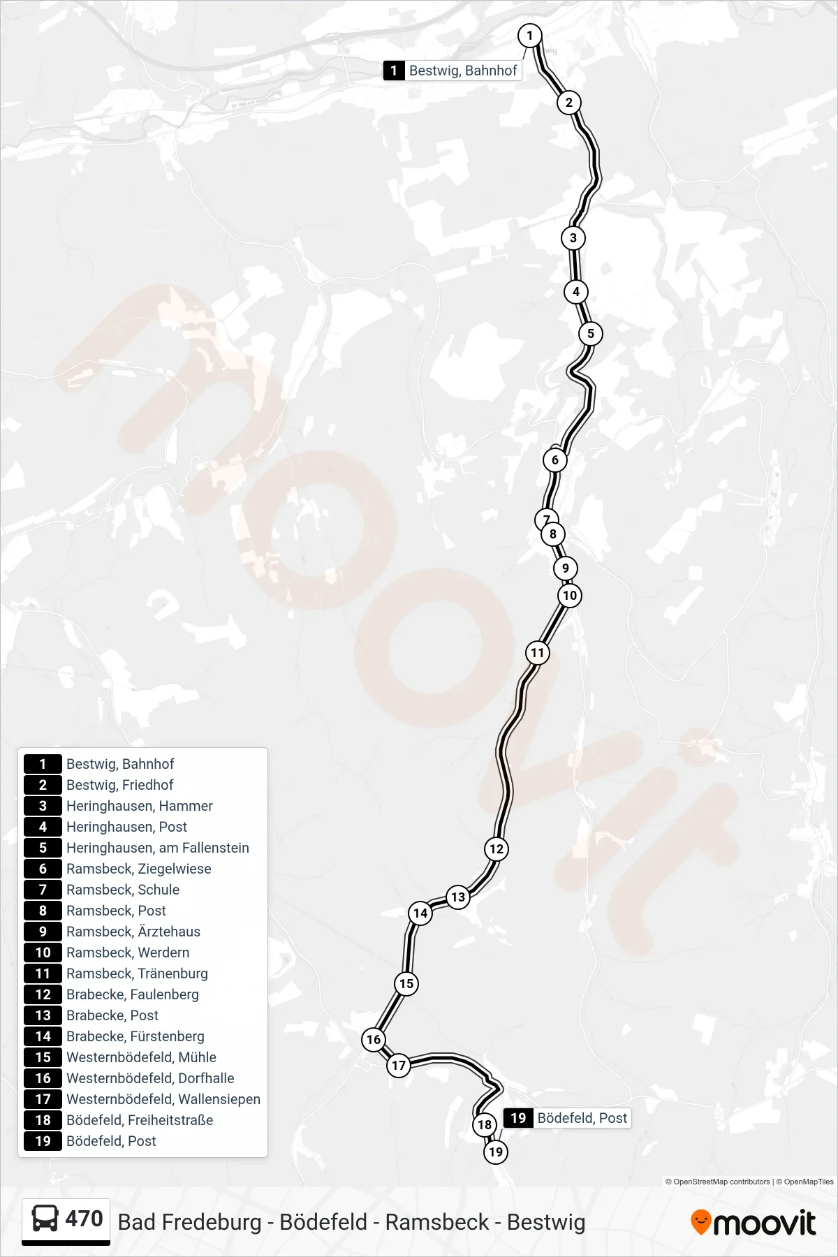 Linie 470 (Bus) Richtung Bödefeld: Route und Haltestellen auf der Karte