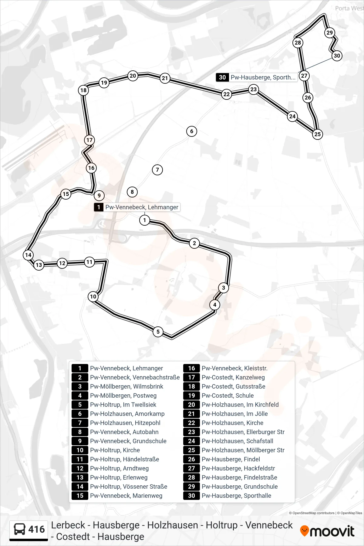 416 bus Line (Pw-Hausberge, Sporthalle) route and stops on a map