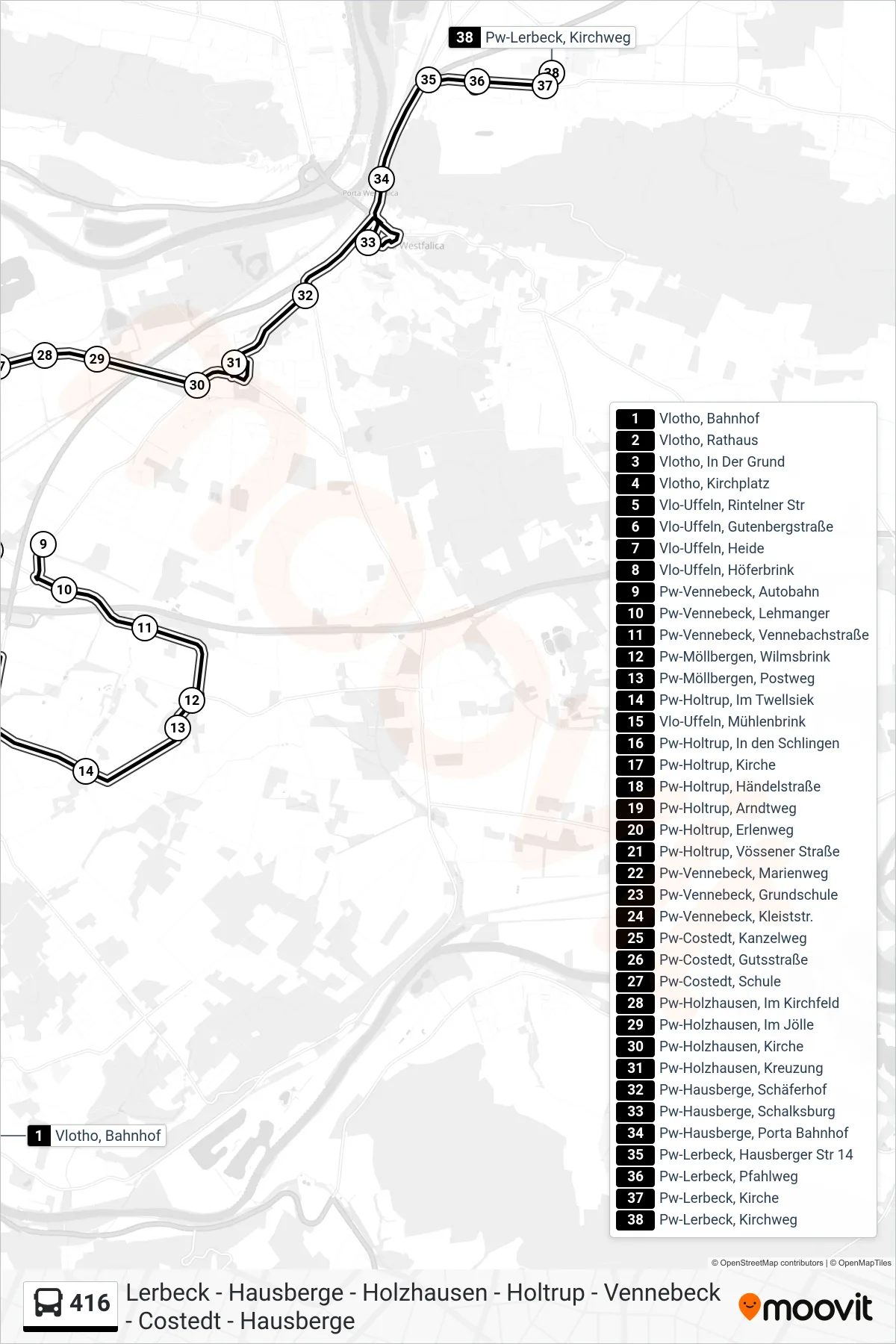 416 bus Line (Pw-Lerbeck, Kirchweg) route and stops on a map