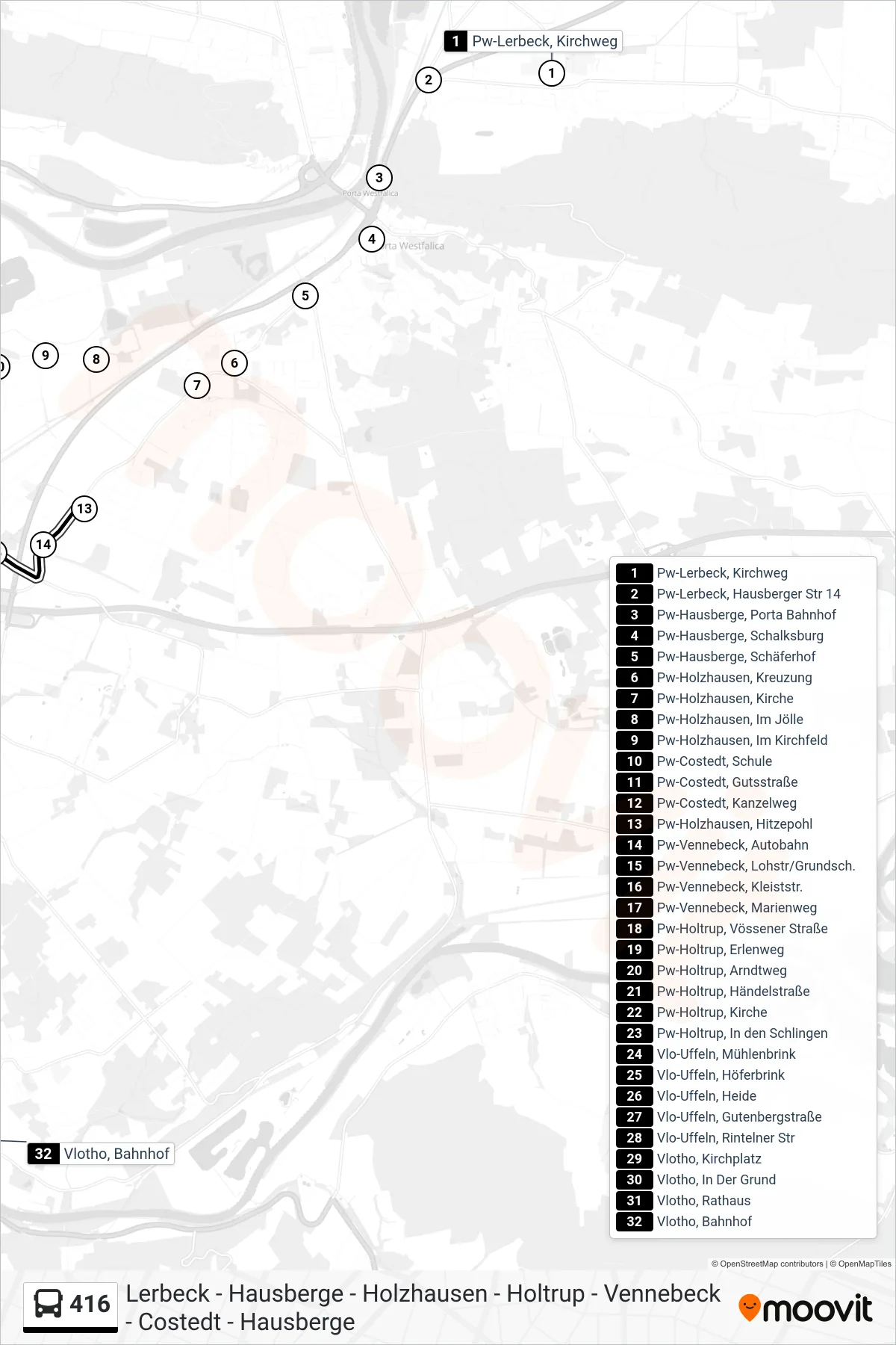 Linie 416 (Bus) Richtung Vlotho, Bahnhof: Route und Haltestellen auf der Karte
