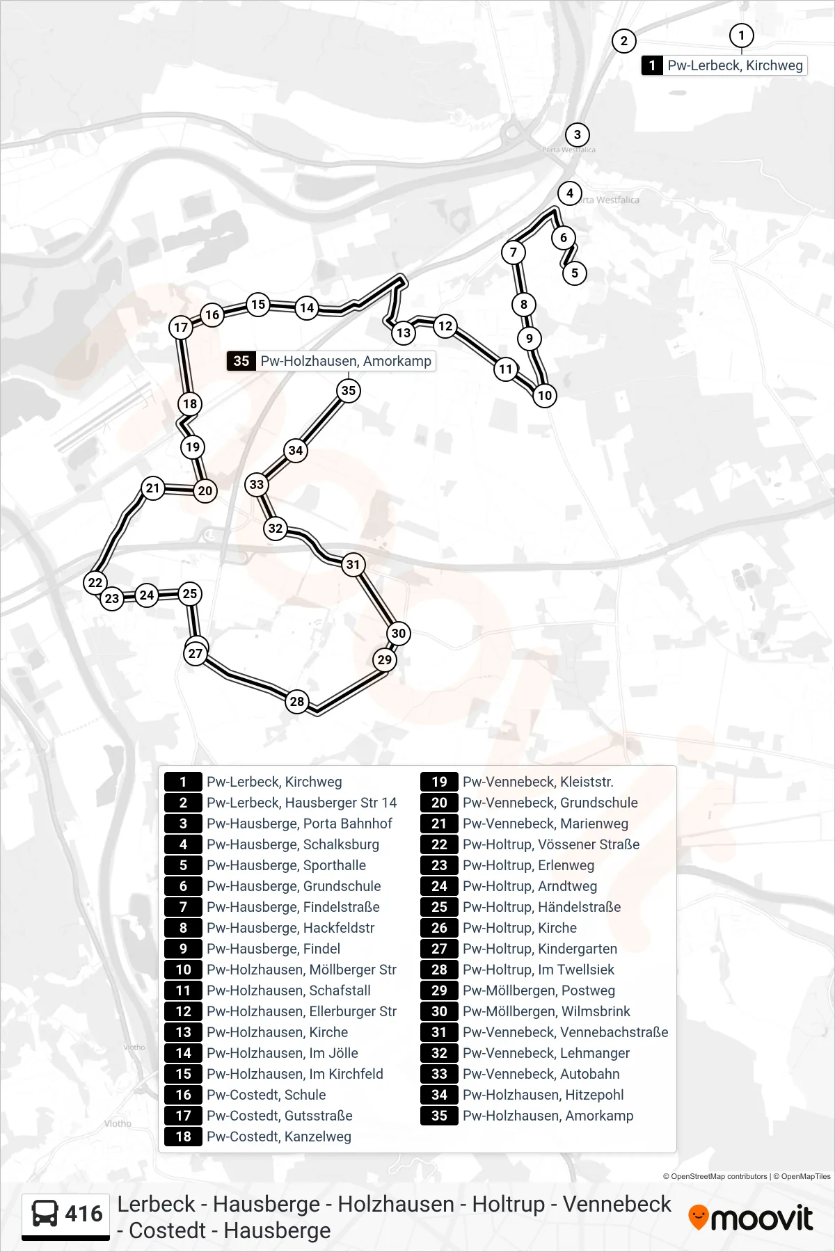 416 bus Line (Pw-Holzhausen, Amorkamp) route and stops on a map